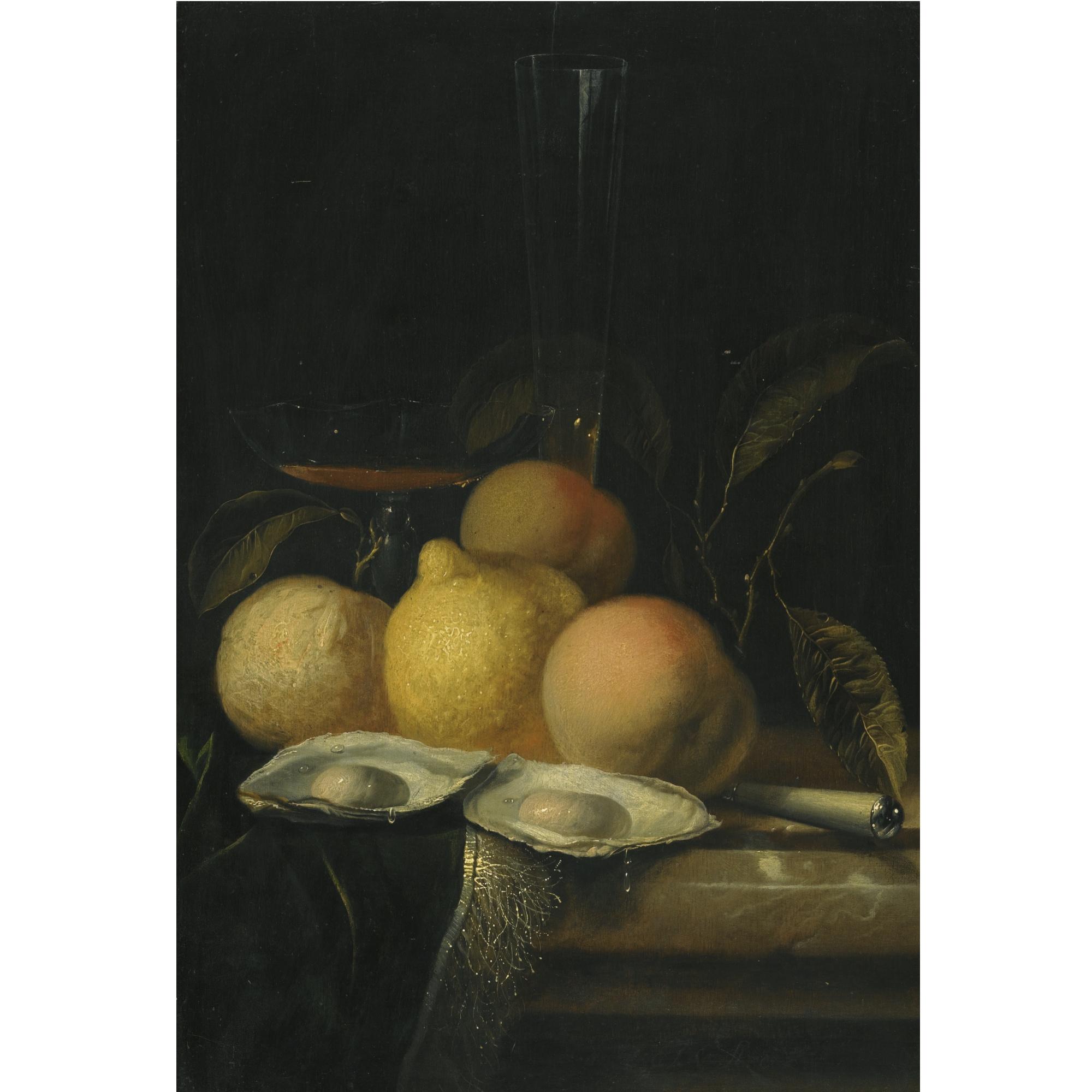 Juriaan Van Streek - A Still Life With Oysters, Peaches And A Lemon On A Marble Table With A Fringed Carpet And Glasses
