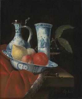 Juriaan Van Streek - Still Life Of A Blue And White Wan-Li Bowl With Peaches, A Lemon And An Orange, A Porcelain Ewer And Vase, A Wine Glass And A Knife, On A Partly Draped Stone Ledge