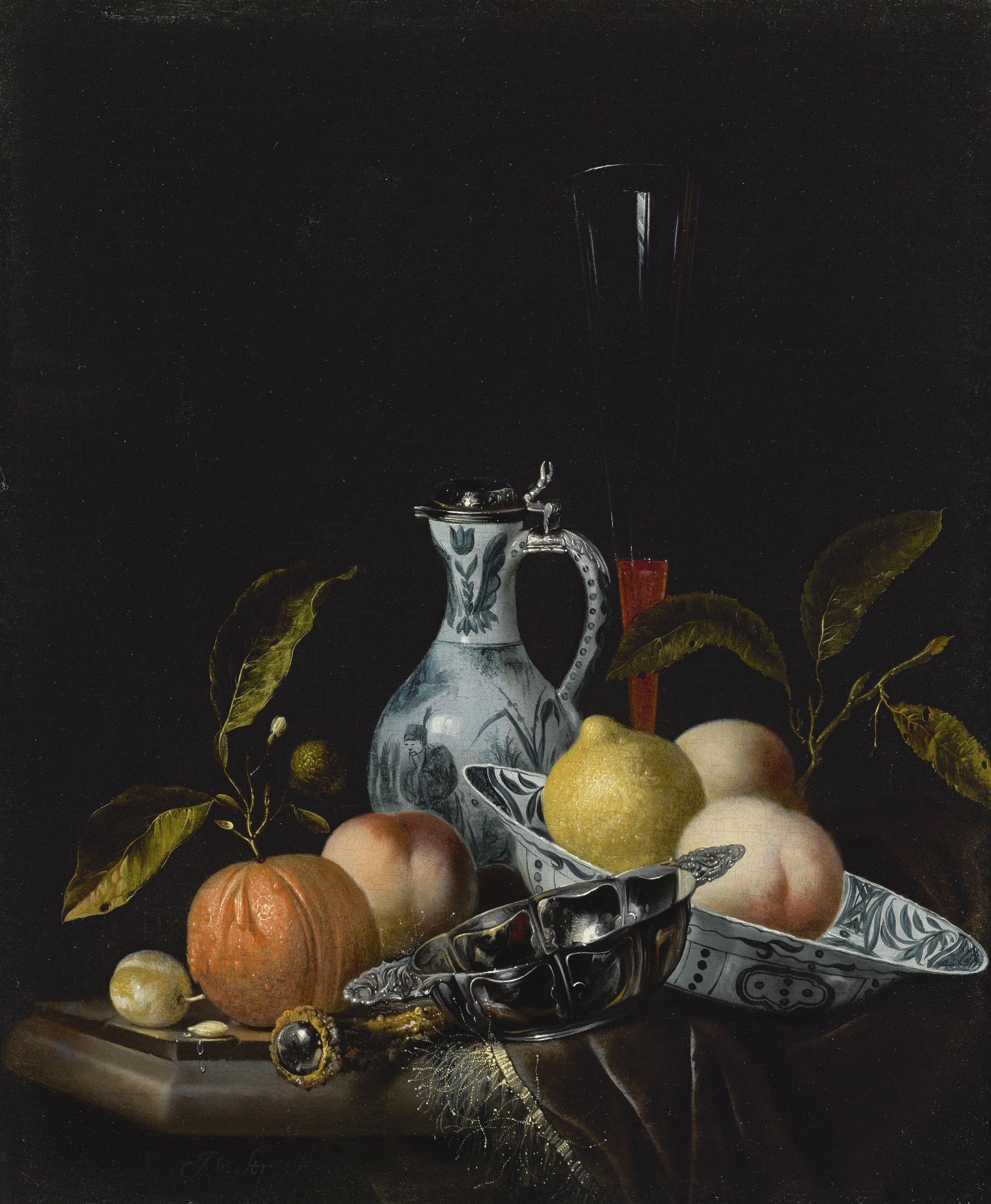Juriaan Van Streek - Still Life With A Chinese Blue And White Porcelain Bowl And Ewer, A Silver Porringer, Fruit And Other Objects, On A Partly Draped Table