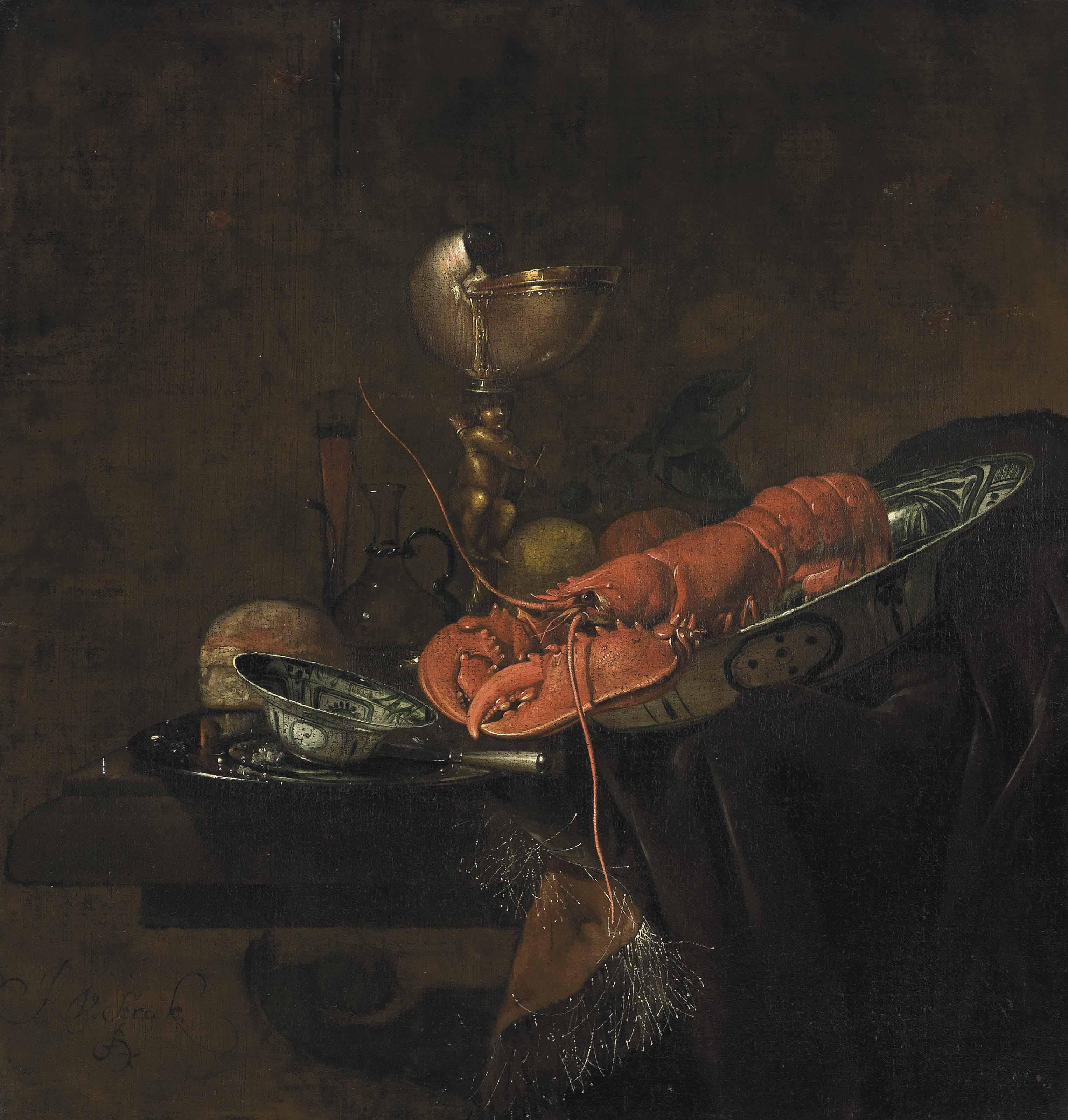 Juriaen van Streek - A lobster, a peach and a lemon in a Wanli \'kraak\' porcelain plate, a loaf of bread, a bowl and a knife on a pewter plate, a gilt nautilus cup and a wine flute with a jug on a partly draped table