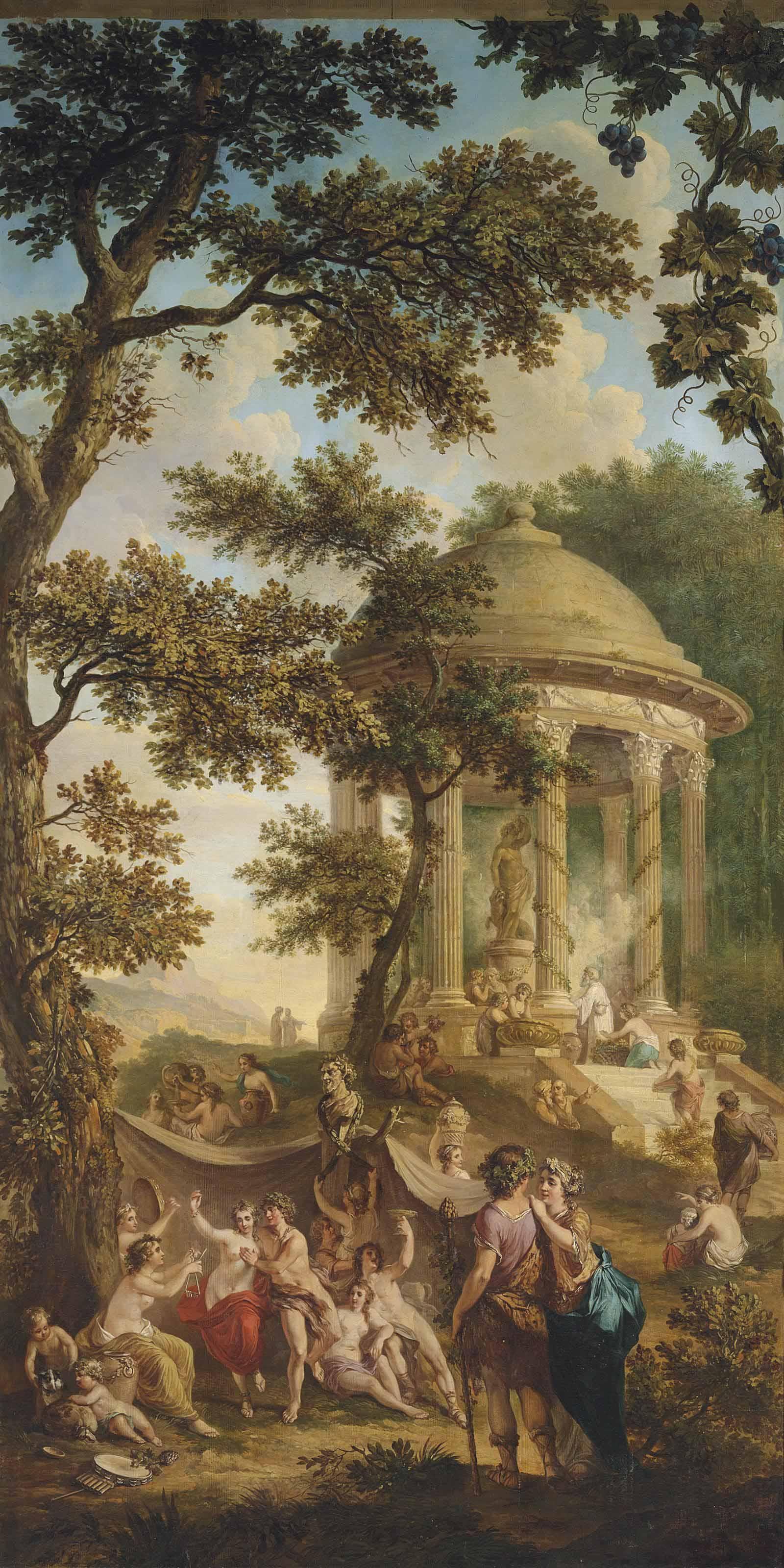 Jurriaan Andriessen - A Bacchanal In A Wooded Landscape, A Temple With An Offer To Bacchus Beyond, In A Trompe L\'Oeil Frame