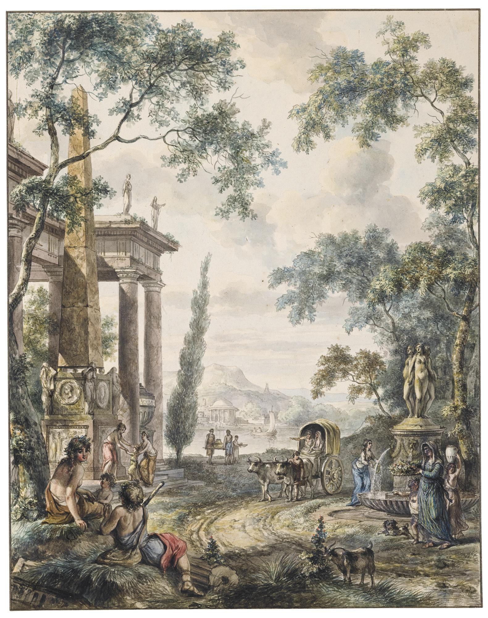 Jurriaan Andriessen - A Classical Landscape With Figures By A Temple With An Obelisk By A Portico And A Fountain With Figures, A Lake And Mountains Beyond