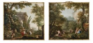 Jurriaan Andriessen - Female Figures And Children Frolicking And Resting By Antique Ruins In A Forest; Nymphs Resting Beside Water In A Lush Forest, A Stag In The Distance
