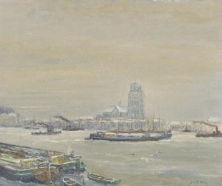 Jurrien Marinus Beek - A view of the harbour of Dordrecht in winter