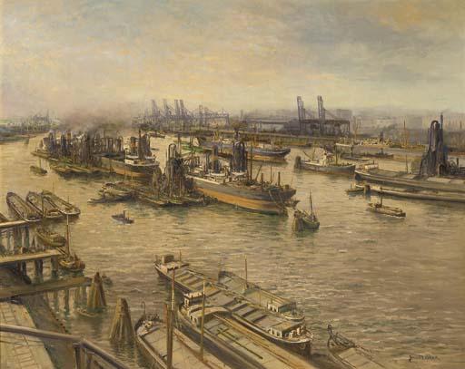 Jurrien Marinus Beek - Panoramic harbourview, probably Rotterdam