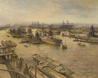 Jurrien Marinus Beek - Panoramic harbourview, probably Rotterdam