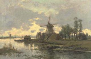 Jurrien Marinus Beek - Windmills Along A River In Late Afternoon