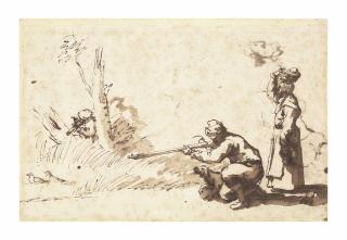 Jusepe De Ribera, Lo Spagnoletto - Two men hunting pigeons and a woman carrying a basket on her head standing beside (recto); Two head studies (verso, faintly visible through the recto)