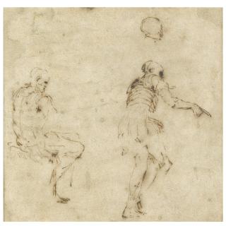 Jusepe de Ribera - A Sheet Of Studies: A Seated Roman Soldier, Another Standing And Pointing, And A Sketch Of A Head
