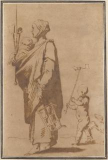 Jusepe Ribera - A mother carrying a child and kitchen utensils, followed by a boy and a dog