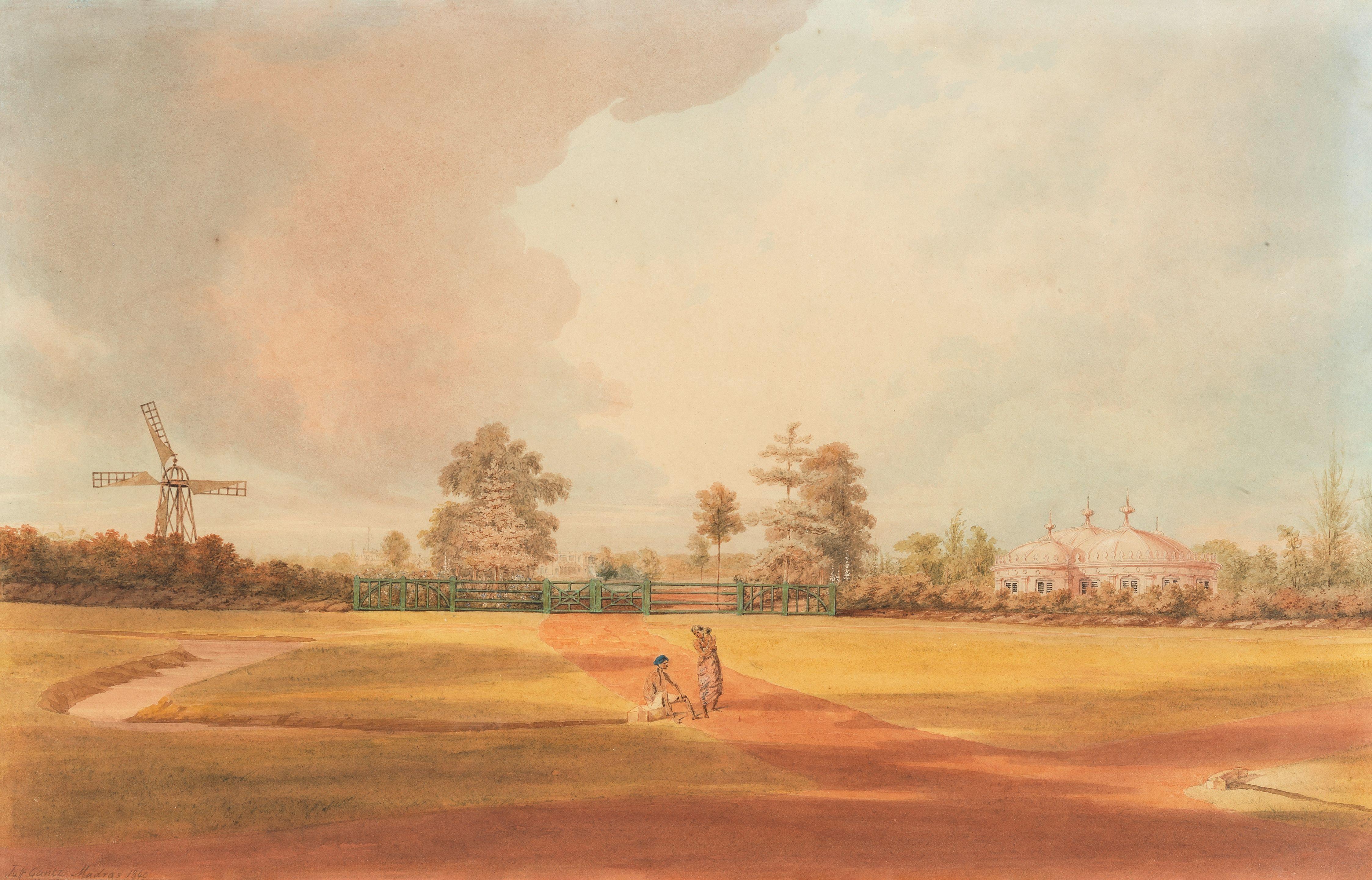 Justinian Gantz - A Windmill In The Grounds Of An Impressive Colonial Residence, Possibly Government House, Madras Walnut Frame