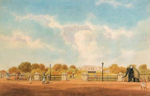 Justinian Gantz - Indian figures and an elephant in a street outside a European house, Madras