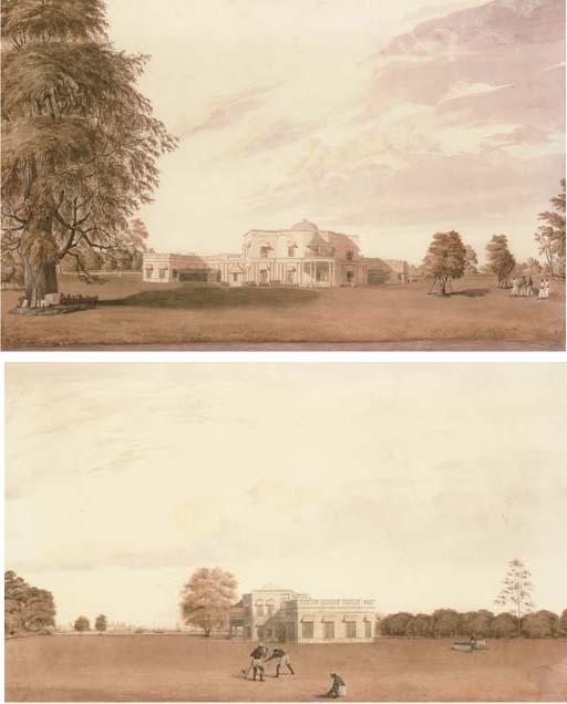 Justinian Gantz - Two Views of Indian Colonial Houses With Figures In The Foreground