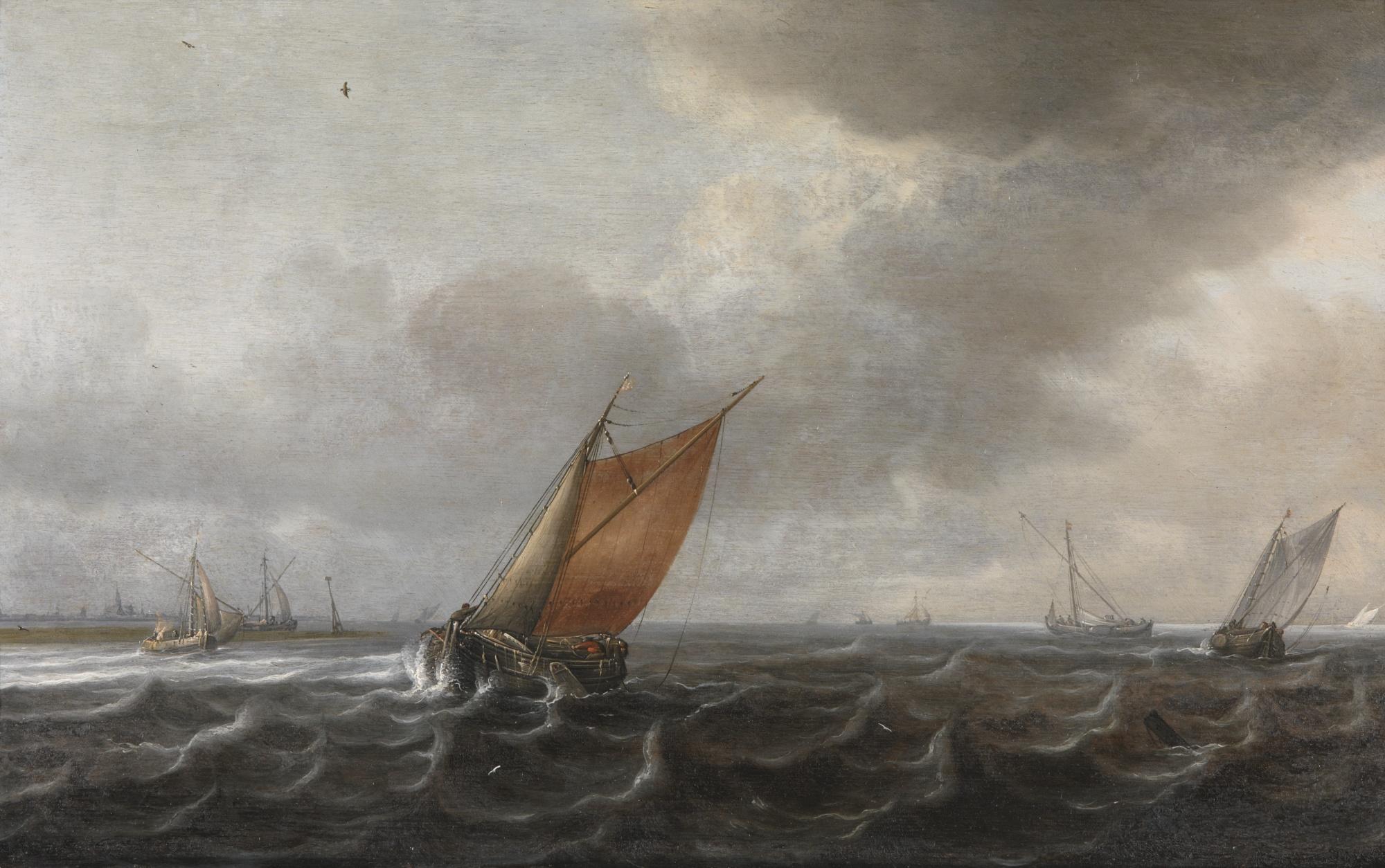 Justus De Verwer - A River Estuary With Light Shipping In A Strong Breeze, A View Of Haarlem Beyond