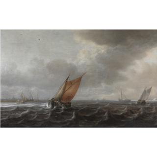 Justus De Verwer - A River Estuary With Light Shipping In A Strong Breeze
