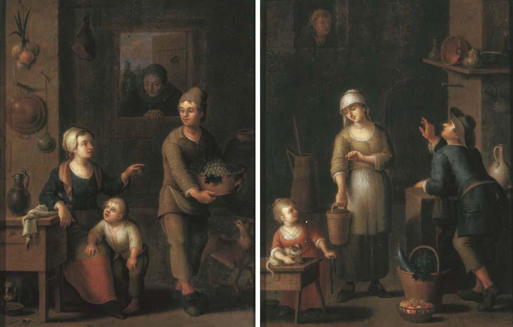 Justus Juncker - A kitchen interior with a maid and a child conversing with a man carrying a basket of grapes; and A kitchen interior with a maid and a man conversing and a child playing with a cat