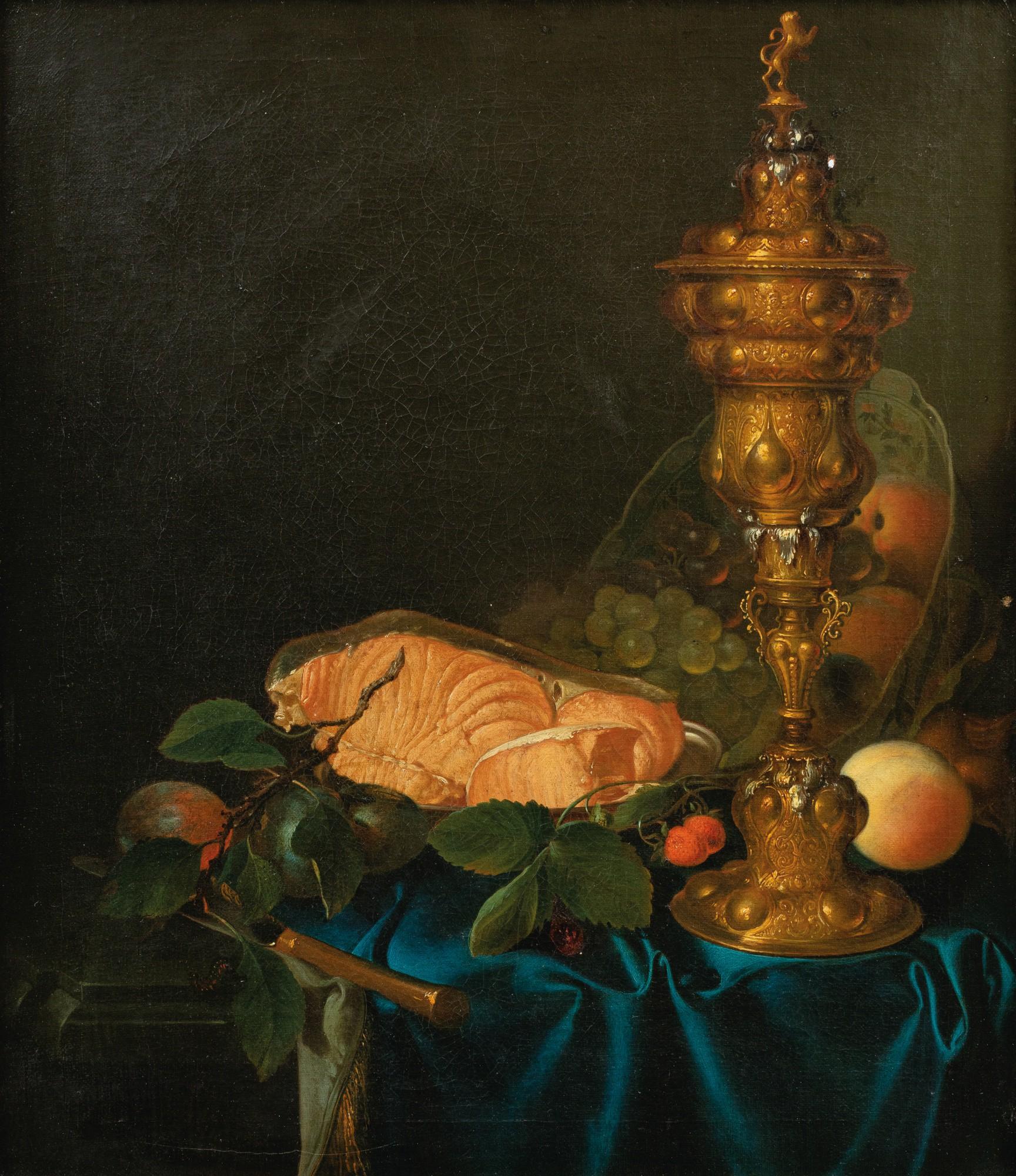 Justus Juncker - STILL LIFE WITH A CUP, A SALMON AND FRUITS