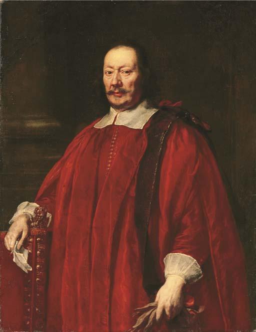 Justus Sustermans - Portrait of a gentlemen, three-quarter-length, in crimson robes of office, resting his right hand on a chair with a letter, and gloves in his left hand