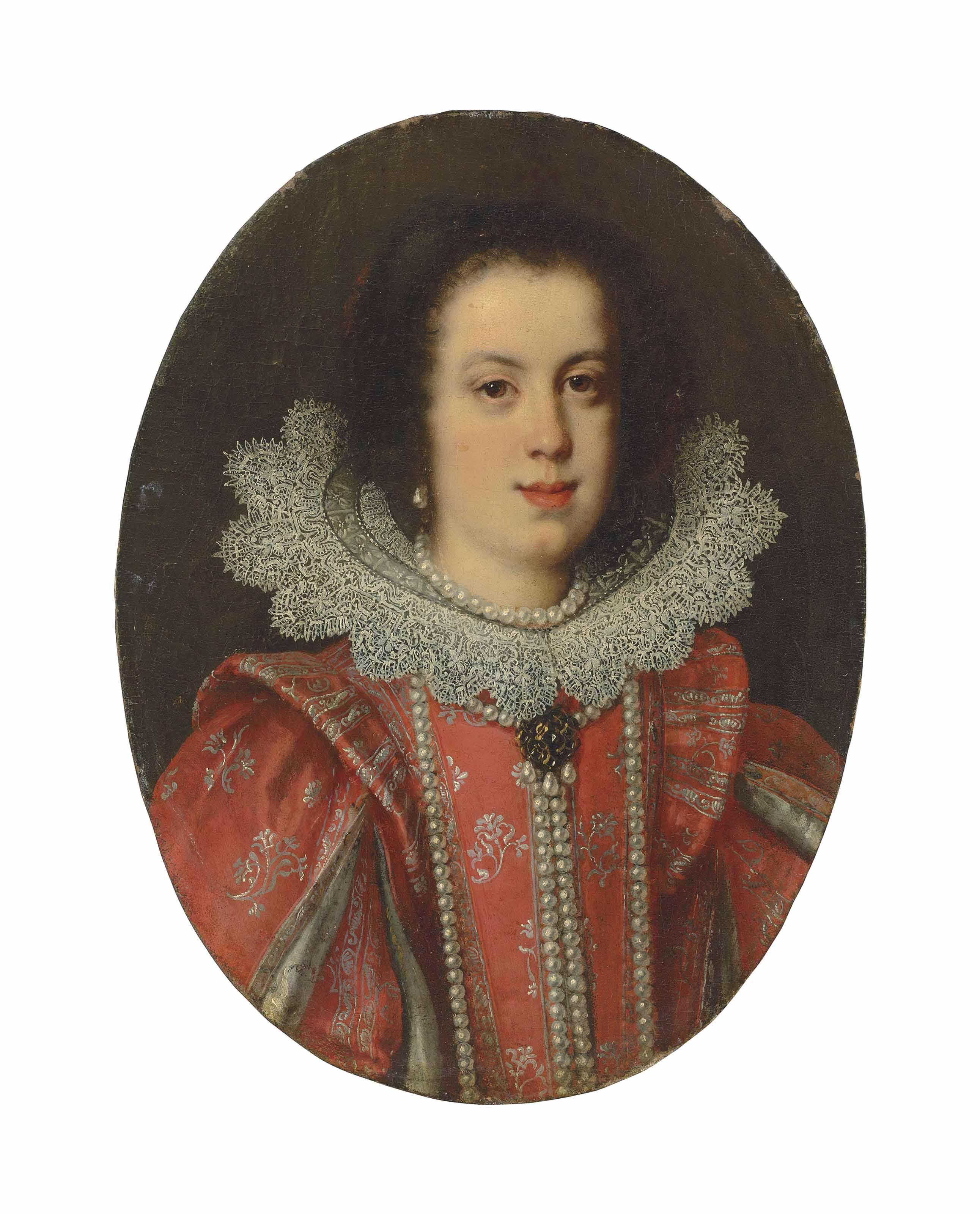 Justus Sustermans - Portrait of Vittoria della Rovere, Grand Duchess of Tuscany (1622-1694), bust-length, in a red embroidered dress with pronounced shoulder wings and a lace ruff, a pearl necklace and earrings