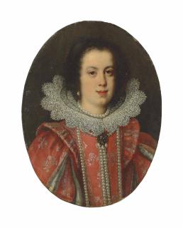 Justus Sustermans - Portrait of Vittoria della Rovere, Grand Duchess of Tuscany (1622-1694), bust-length, in a red embroidered dress with pronounced shoulder wings and a lace ruff, a pearl necklace and earrings
