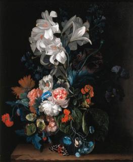 Justus van Huysum - Lilies, roses, carnations and other flowers in a glass vase on a stone ledge with a butterfly