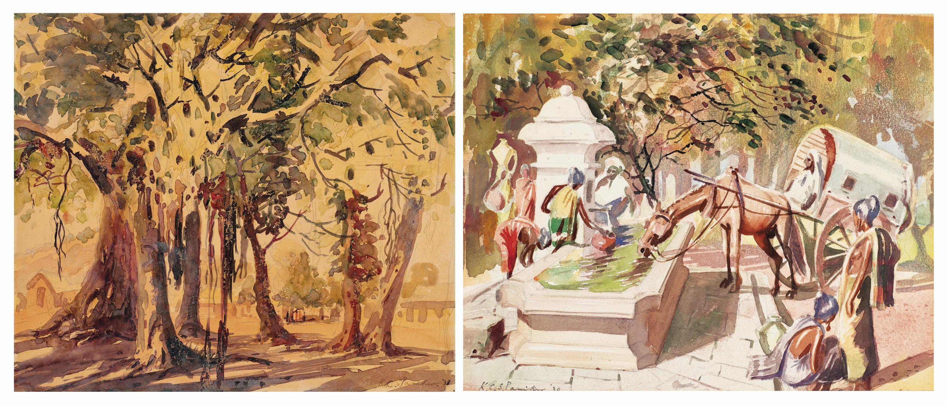 K.C.S. Paniker - Untitled (Tree); Untitled (Road-Side Water Trough)