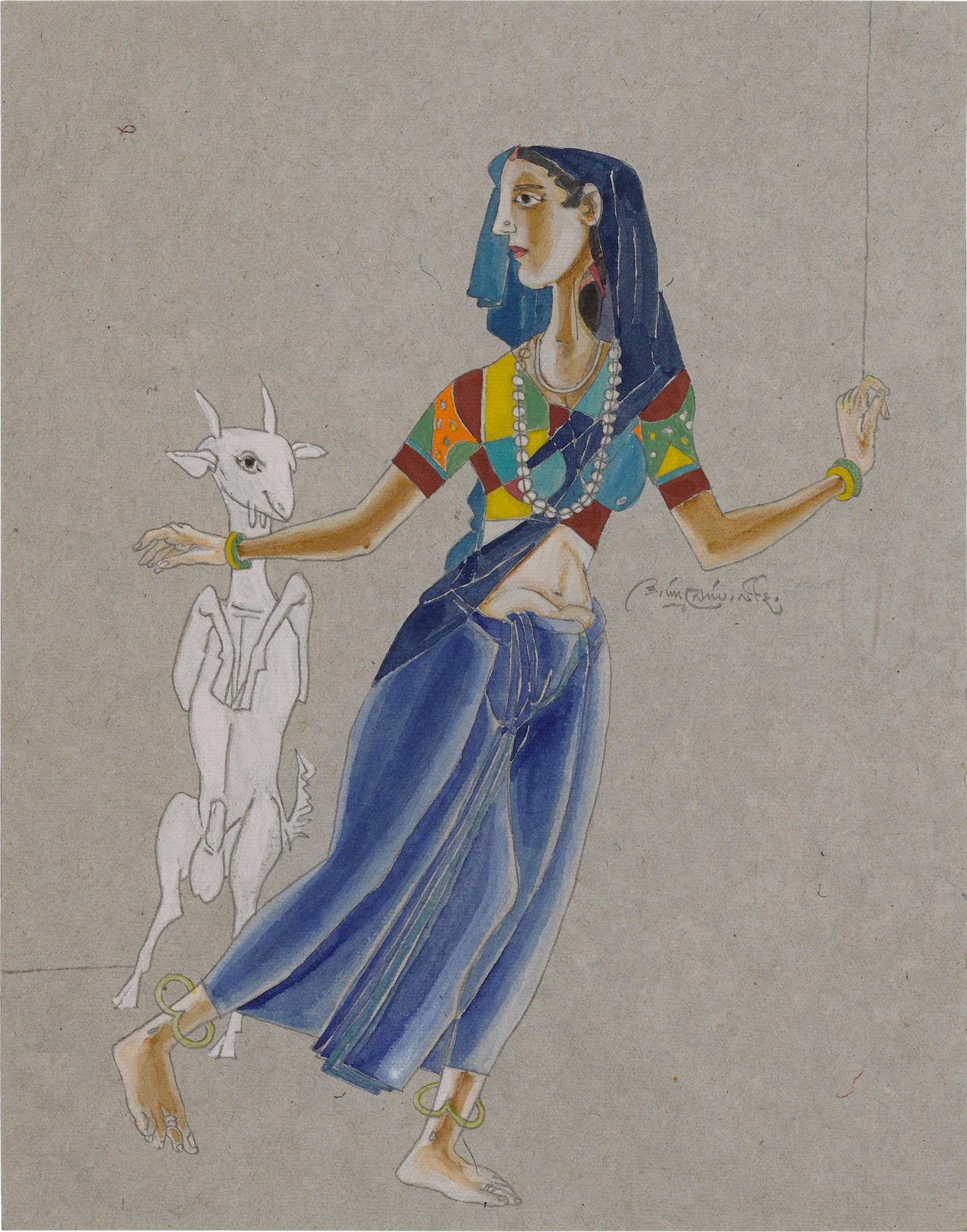 K. Laxma Goud - Untitled (Girl with Goat)