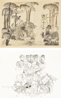 K. Laxma Goud - Untitled (Landscape); Untitled (Figures)