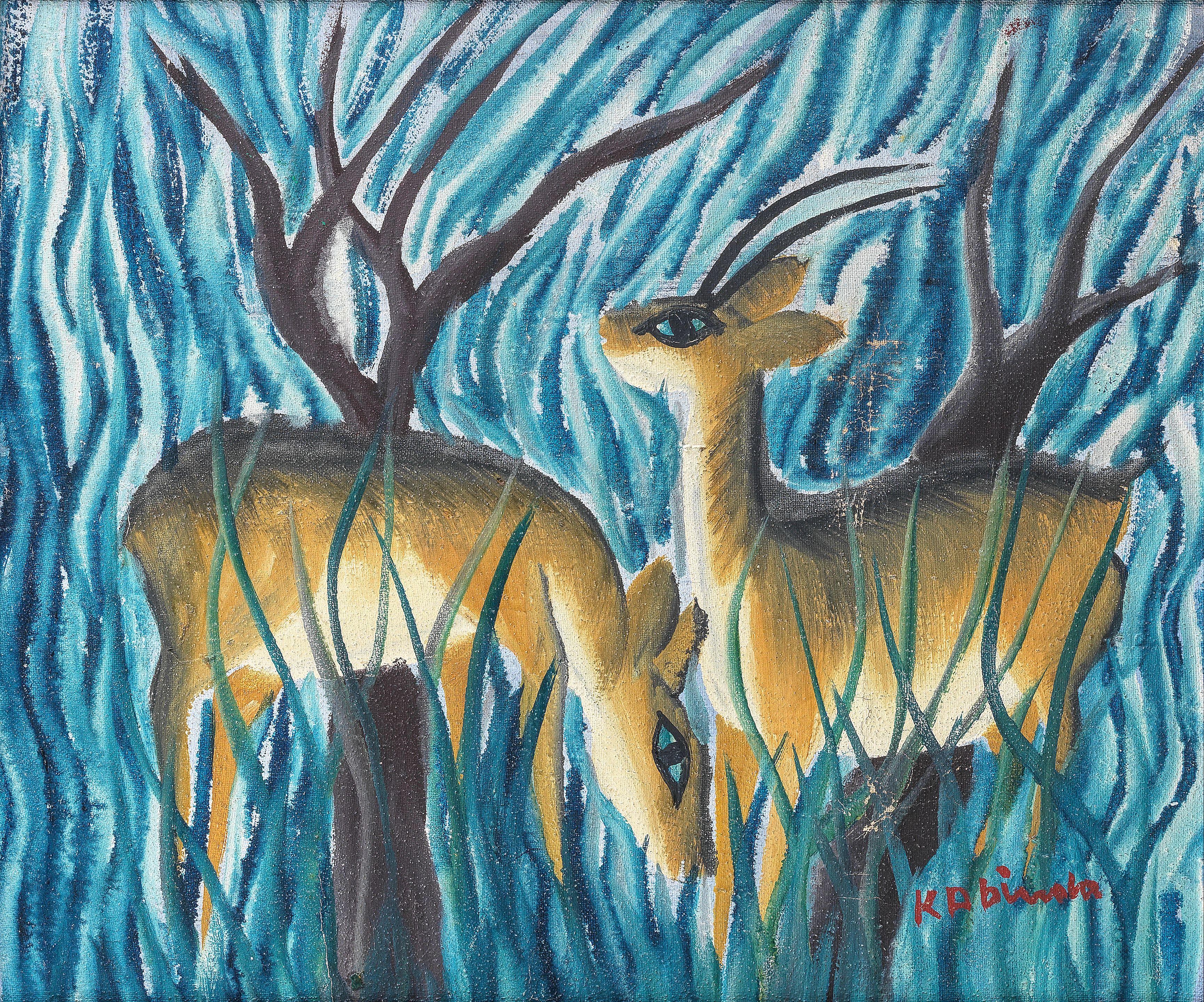 Kabinda Kunkulu Victor - Two antelope grazing (framed)