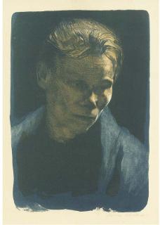 Käthe Kollwitz - Brustbild einer Arbeiterfrau mit blauem Tuch, from the portfolio Jahresmappe der Gesellschaft für Vervielfältigende Kunst , Vienna, 1906 (Klipstein 68.II; Knesebeck 75IIIa)