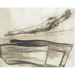 Käthe Kollwitz - Fahnen, Drei Fahnen, Darüber Eine Nach Rechts Aufwärts Schwebende Nackte Männliche Gestalt (Flags, Three Flags, A Naked Male Figure Floating Above Them) 