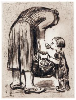 Käthe Kollwitz - Stehende Mutter, ihr Büblein fütternd.