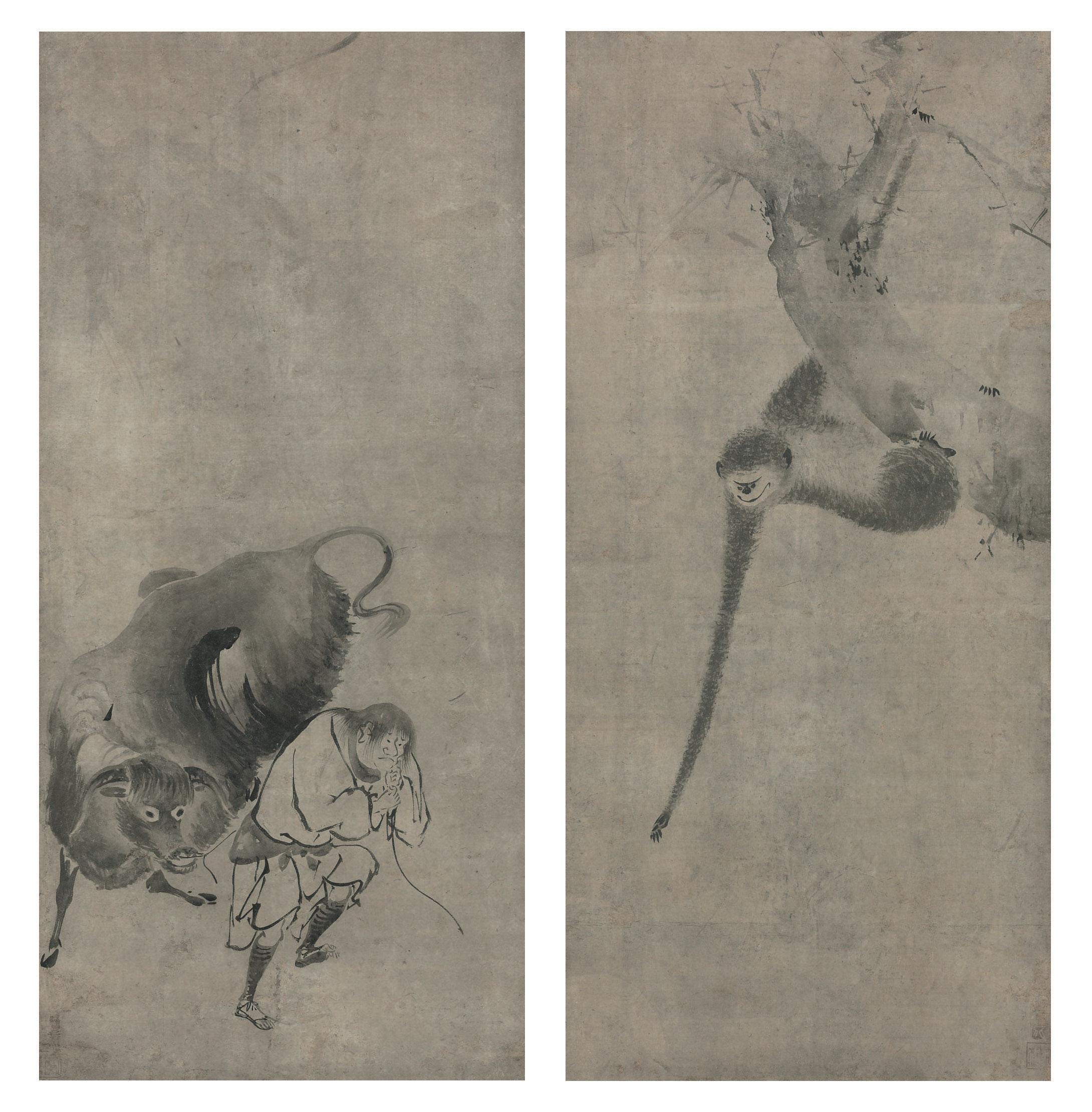 Kaiho Yusho - Gibbon grasping at the reflected moon and Sofu (Ch\'cao-fu) leading his ox