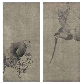 Kaiho Yusho - Gibbon grasping at the reflected moon and Sofu (Ch\'cao-fu) leading his ox