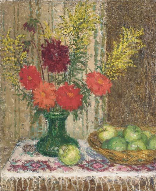 Kalman Kemeny - Mixed Red Flowers With Green Apples; Pink And White Roses; Another Study of Pink And White Roses; Pink Roses