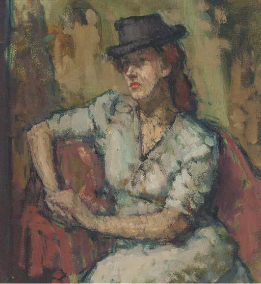 Kalman Kemeny - Woman In Hat And Blue Dress