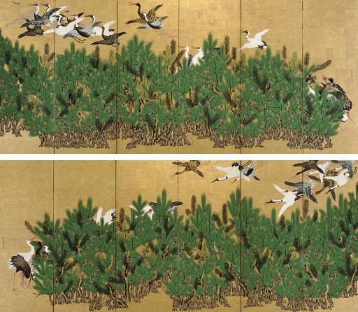 Kano Toshun - Cranes and pine trees