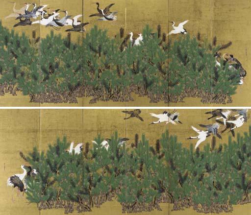 Kano Toshun - Cranes and pine trees