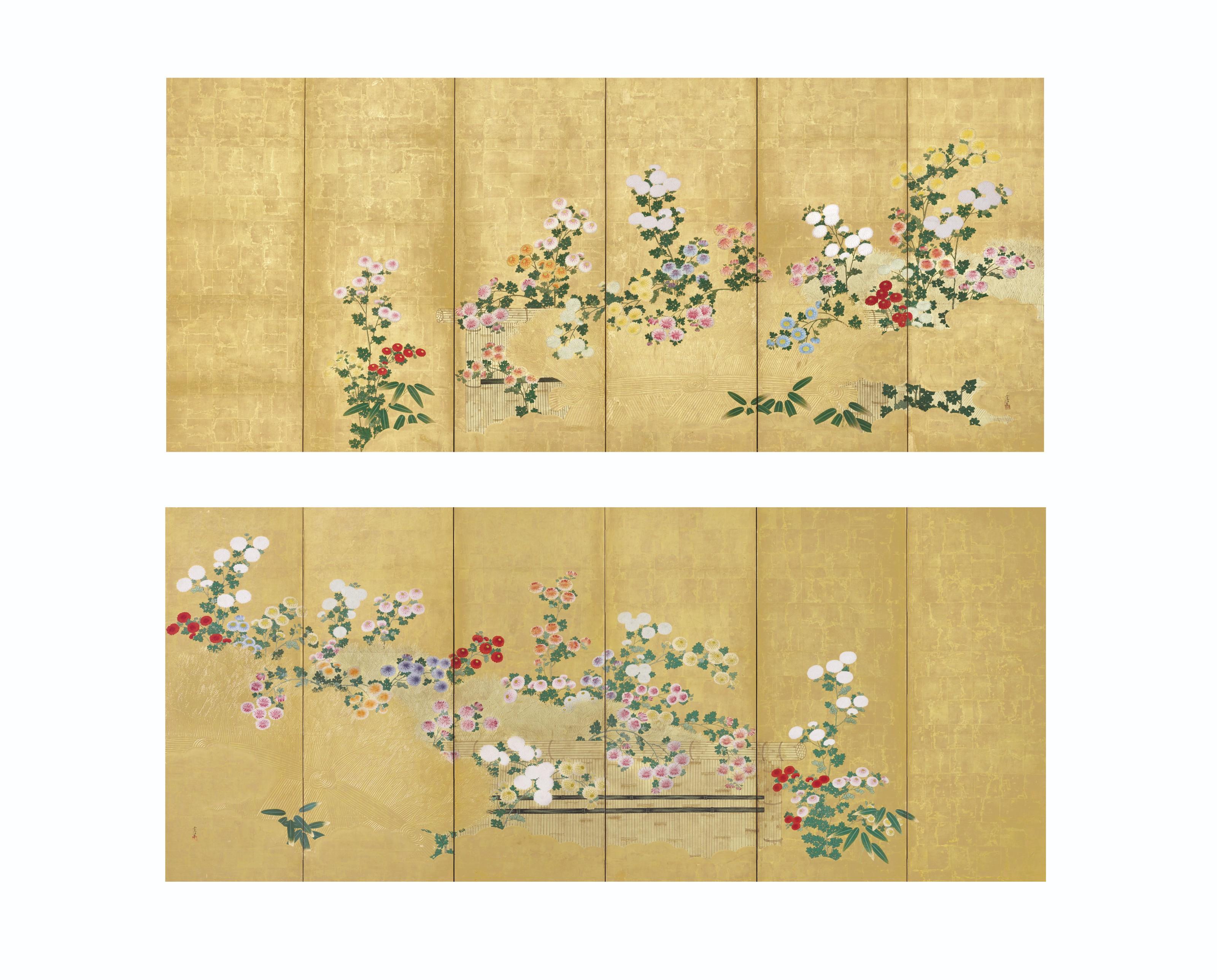 Kano Tsunenobu - Chrysanthemums Blooming in a Garden