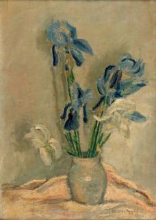 Karel Appel - A still life with irises in a vase