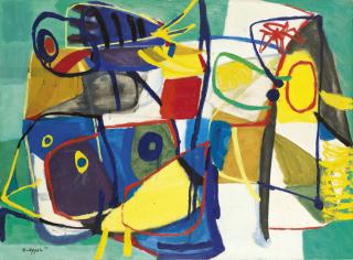 Karel Appel - Deux oiseaux sur fond de fleurs