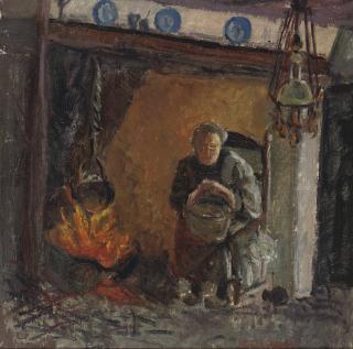 Karel Appel - Woman by a fire place