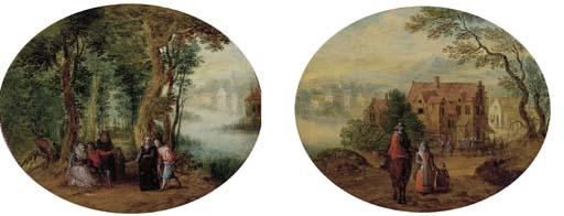Karel Beschey - Elegant company on a path in a wooded river landscape; and A horseman passing by a woman and child on a path, a village beyond