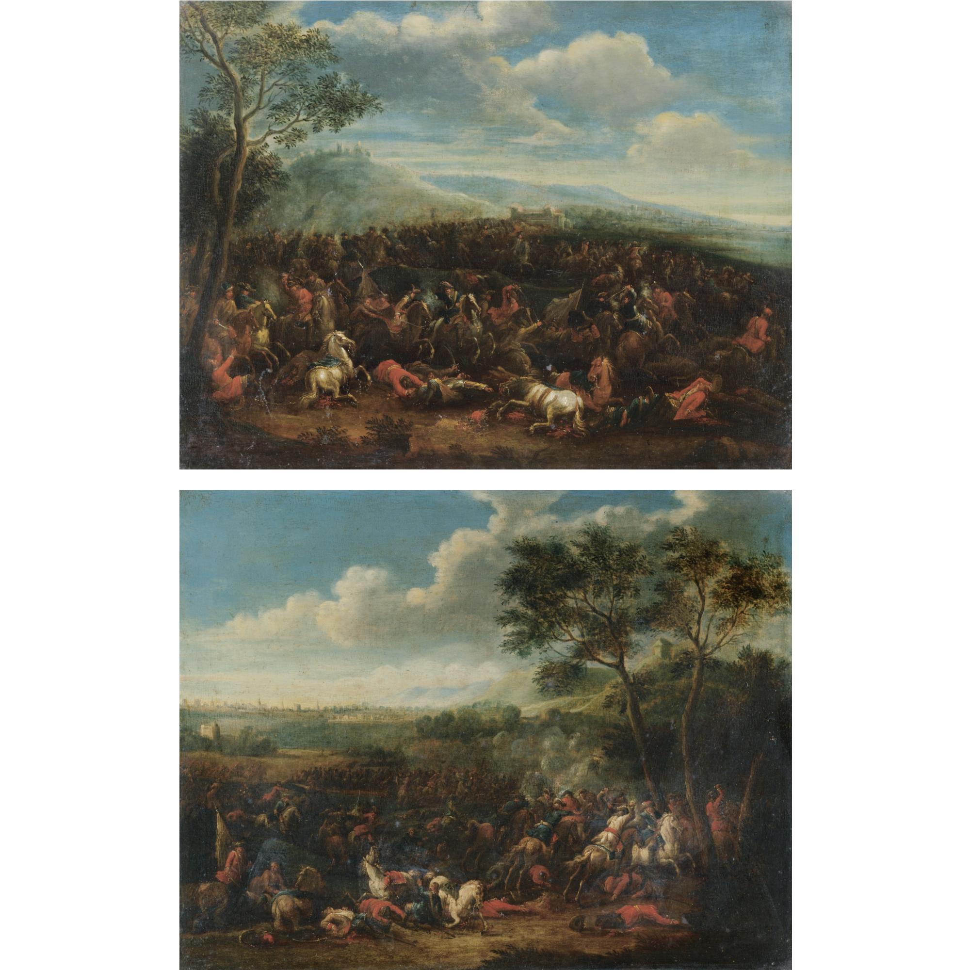 Karel Breydel - A Cavalry Battle In An Extensive Landscape With A Coastal Fort Beyond And A Hilltop Town In The Distance; A Cavalry Battle In An Extensive Landscape With A City In The Distance