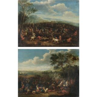 Karel Breydel - A Cavalry Battle In An Extensive Landscape With A Coastal Fort Beyond And A Hilltop Town In The Distance; A Cavalry Battle In An Extensive Landscape With A City In The Distance