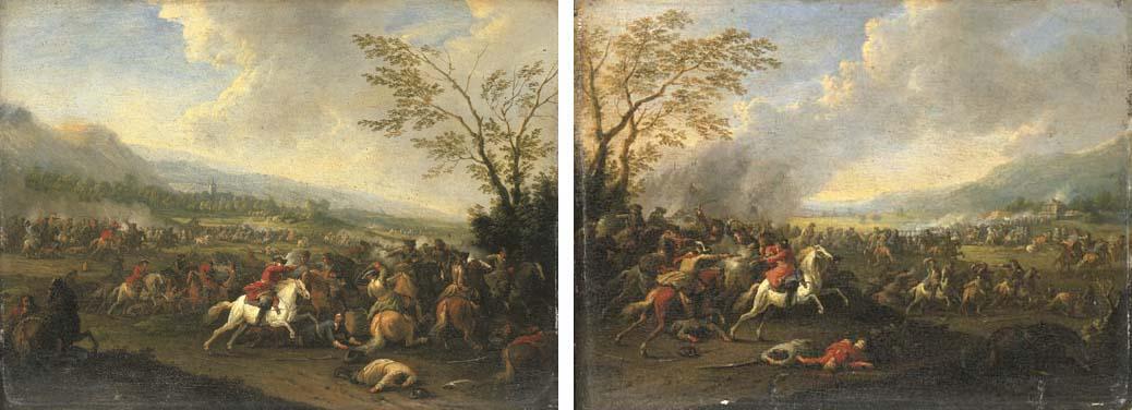 Karel Breydel - A cavalry skirmish, a country house beyond; and A cavalry skirmish, a church beyond