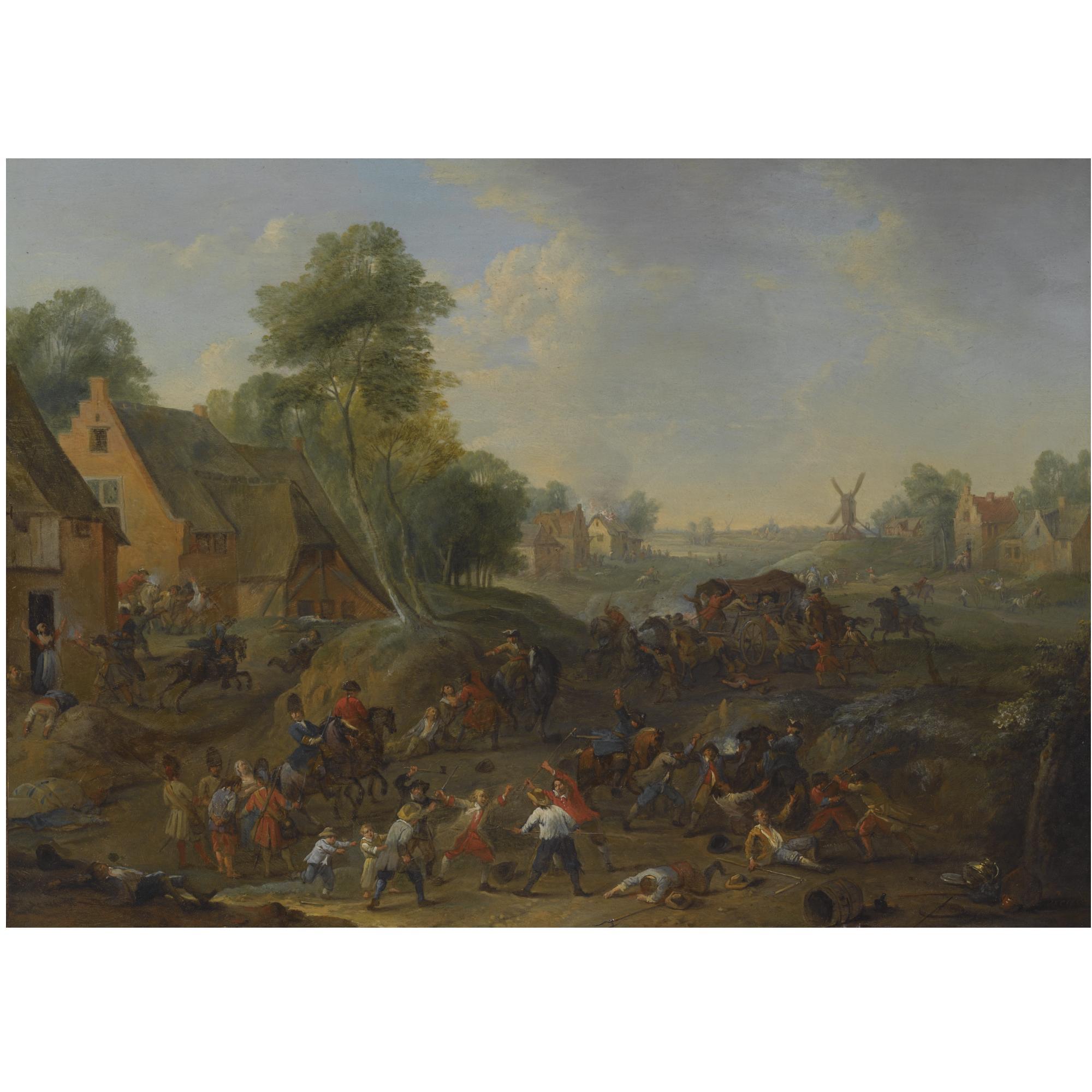 Karel Breydel - A Landscape With A Cavalry Skirmish And A Village Under Attack