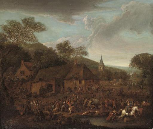 Karel Breydel - A wooded landscape with a cavalry skirmish and a village under attack