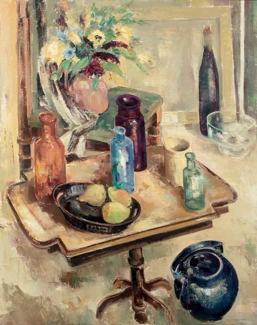 Karel Colnot - A still life with bottles on a table