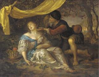 Karel de Moor - A shepherd kneeling over a lady sleeping under a canopy in a wooded landscape